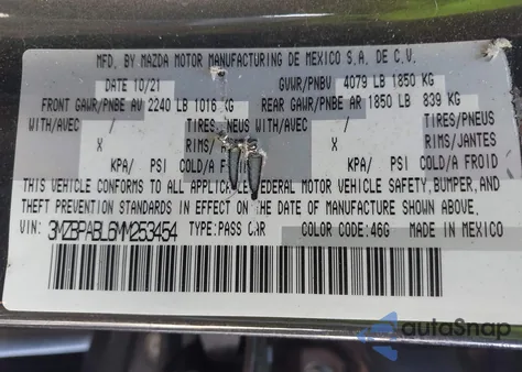 2021 Mazda Mazda3 Select z USA, uszkodzony, nr VIN 3MZBPABL6MM253454